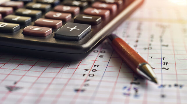 Close-up of a calculator and pen on a sheet of graph paper with mathematical calculations - Powered by Adobe