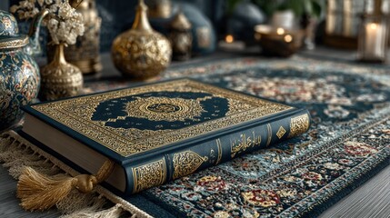A navy blue Quran sits on a patterned rug, surrounded by ornate decorative objects