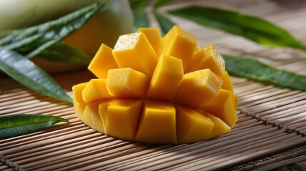 Close up of ripe yellow mango sliced into perfectly symmetrical cubes artfully arranged on a natural bamboo mat with lush green leaves in the background