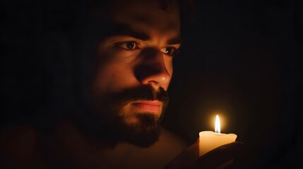 Close up portrait of a contemplative bearded man holding a lit candle in the darkness his face dramatically illuminated with an emotional cinematic tone