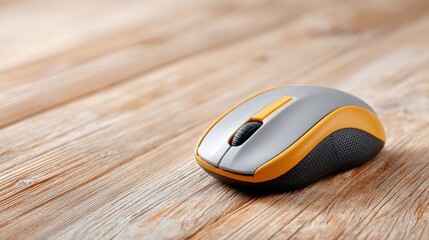 9 to 5 new lifestyle concept, A sleek, modern computer mouse with gray and orange accents, resting on a wooden surface, showcasing its ergonomic design.