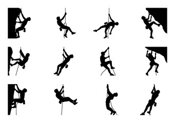 Climbing silhouettes active sport people rock mountain rope vector
