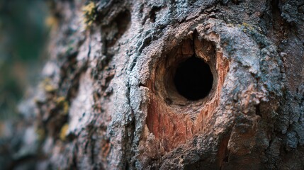 Unique tree trunk with a hollow formation supporting various forms of wildlife interaction in a forest setting