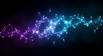 Abstract network with purple and blue nodes connected by lines on a dark background design concept