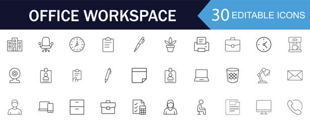 Office workspace line editable icon set. Features icons of desk, computer, printer, and clock. Perfect for business websites and corporate presentation UI.