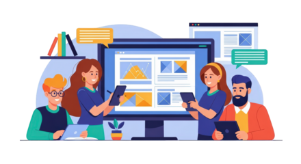 An image of team collaboration working on digital project.. The scene includes data, office, digital, screen, style, teamwork, online, success,