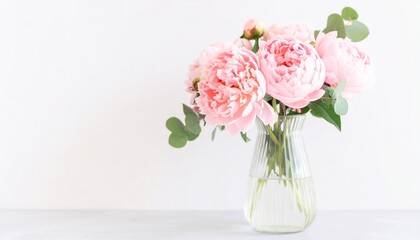 Bouquet of pink peonies in a clear glass vase with green foliage, set against a white backdrop&mdash;soft, elegant, and serene.
