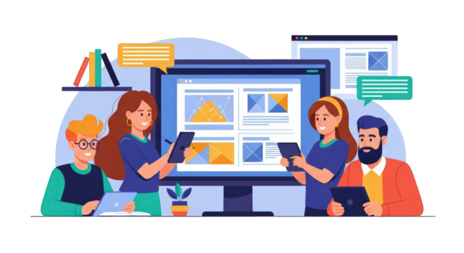 An image of team collaboration working on digital project.. The scene includes data, office, digital, screen, style, teamwork, online, success, - Powered by Adobe