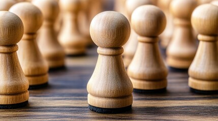 Close-Up Image of Wooden Game Pawns on a Wooden Surface in a Chess or Board Game Setting for Creative Design and Conceptual Use