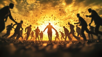 A Dramatic Scene of Silhouetted Figures Running Across a Dusty Landscape Against a Fiery Sunset With a Sense of Urgency and Movement