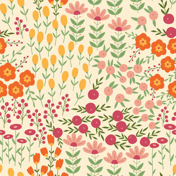 Seamless vector floral pattern with hand-drawn wildflowers and berries in warm autumn tones. Perfect for textile, fabric, stationery, packaging, and seasonal projects for kids and adults