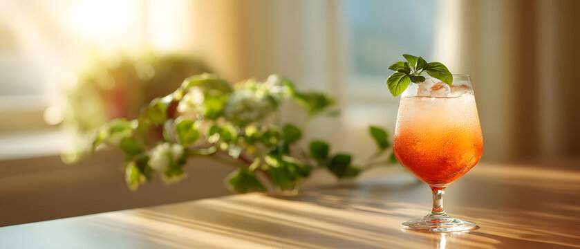 Refreshing Mocktail with Ice and Basil in Summer Light