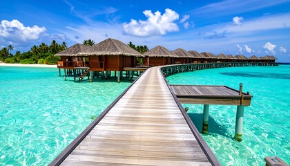 Fototapeta premium Tropical Paradise: Overwater Bungalows and Turquoise Waters in the Maldives