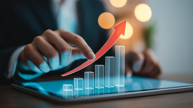 Hand touching rising red arrow graph on tablet screen over desk business finance