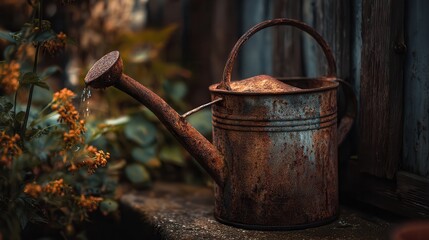 Rusty watering can resting on a wooden fence during golden hour in a tranquil garden setting