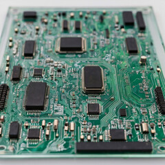 Transparent glass circuit board overlay on white background, futuristic and clean.