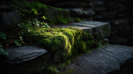 Naklejka premium Moss-covered stone steps create a serene pathway through a lush green garden in the early morning light