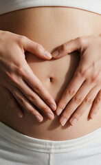 Close-Up of Hands Forming a Heart Shape on a Bare Abdomen, Symbolizing Love, Care, and Wellness