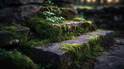 Moss-covered stone steps create a serene pathway through a lush green garden in the early morning light