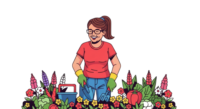 An image of woman gardening with flowers and vegetables.. The scene includes growing, summer, nature, planting, harvest, colorful, tools, hobby, - Powered by Adobe