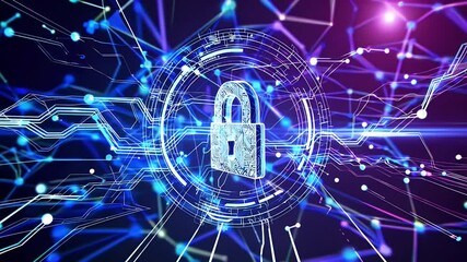 3D animation of glowing digital padlock icon floating in cyberspace surrounded by connected network nodes representing data security blockchain encryption and high tech digital information - Powered by Adobe