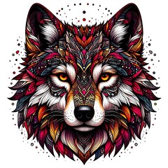 Boho Style Wolf Head Drawing with Mandala Elements