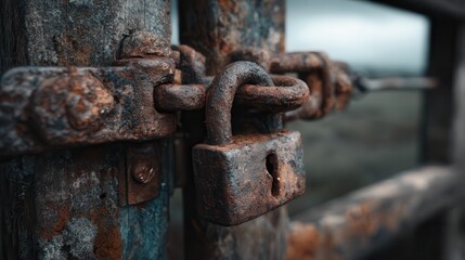 Weathered gate lock close-up showing rust and wear in a rural setting during the afternoon light