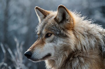 Fototapeta premium Super detailed close-up of a wild wolf’s snout and fur in morning frost.