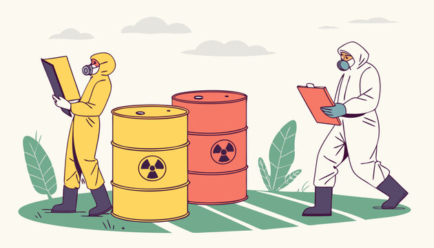 People with toxic waste concept. Workers in protective suits near waste colorful barrels. Pollution of nature and ecology, radiation and chemical trash. Cartoon flat vector illustration