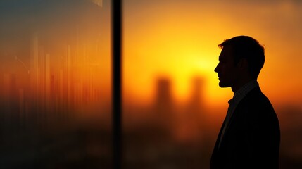 Fototapeta premium Silhouette of Determination: A contemplative silhouette of an individual gazing towards a breathtaking sunset, embodying ambition and vision against the backdrop of an urban landscape.