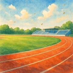 Fototapeta premium Athletic track and sports field under blue sky
