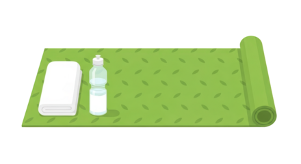 An image of yoga mat towel and water bottle.. The scene includes stretching, balance, training, white, style, simple, fitness, green,