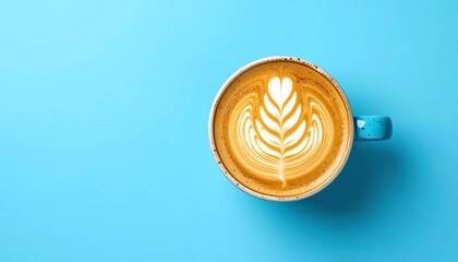 Overhead View of Latte Art in Blue Mug on Bright Blue Background