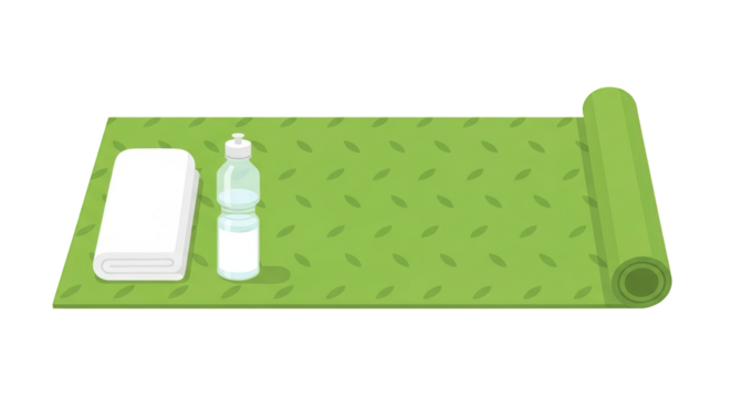 An image of yoga mat towel and water bottle.. The scene includes stretching, balance, training, white, style, simple, fitness, green,