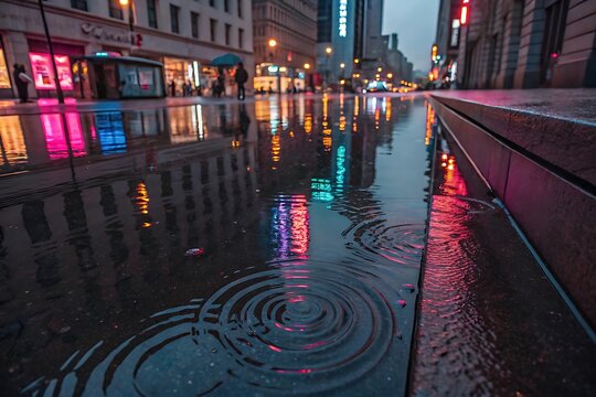 Reflections shimmering in city street puddle after rain, creating urban neon magic and quiet ambiance