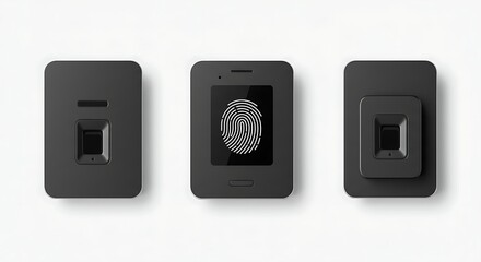 Collection of minimalist black biometric fingerprint scanners for secure access control. Modern technology for digital identification.