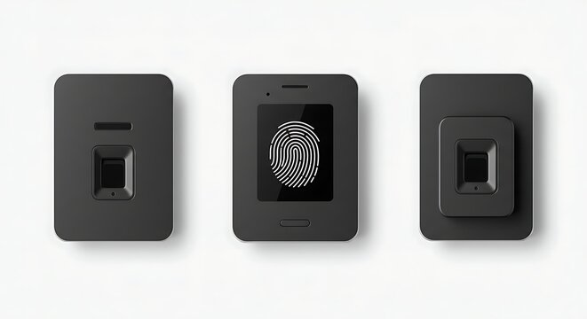 Collection of minimalist black biometric fingerprint scanners for secure access control. Modern technology for digital identification.