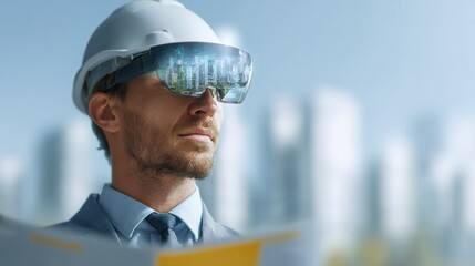 Future Vision: A construction worker wearing a futuristic augmented reality headset, projecting a city skyline onto his visor, embodying technological advancement and innovation.