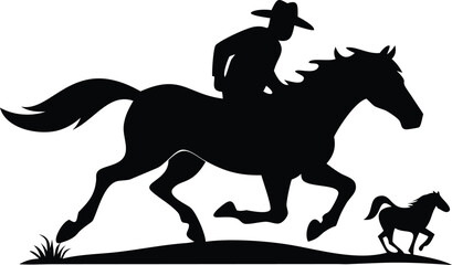 Naklejka premium a running horse with cowboy silhouette