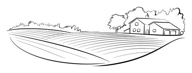 Rural landscape with house and fields trees
