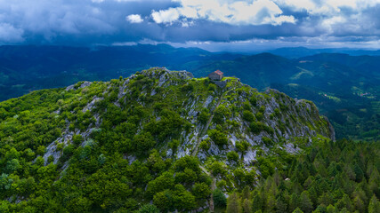 Aerial view from a drone of the area surrounding the Hermitage of Santa Eufemia in Aulesti, in the province of Bizkaia, in the autonomous community of the Basque Country. Spain. Europe