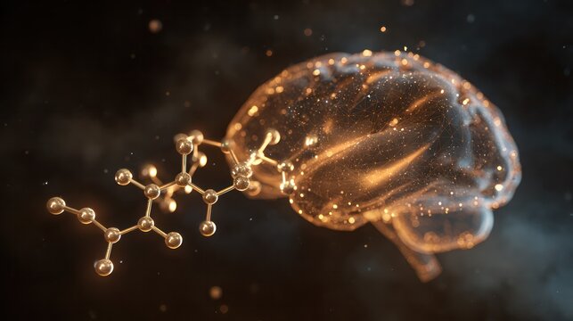 A golden spermidine molecular structure, floating above the brain nebula, emits energy.
