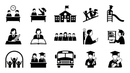 School education learning graduation transportation and people icons vector