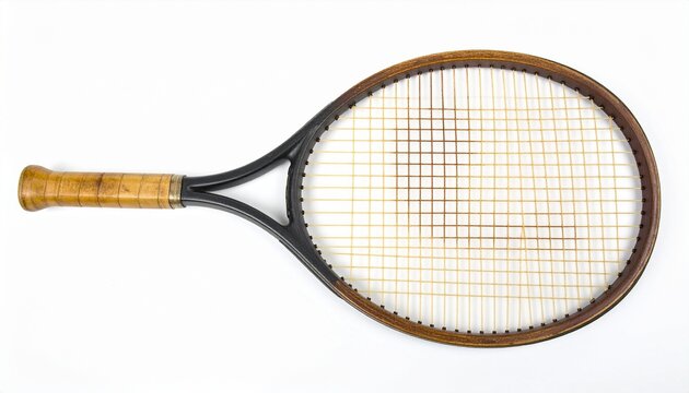Vintage wooden tennis racket with brown handle and white strings—classic, nostalgic, and elegant.