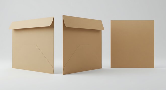 Blank square kraft paper envelope template. 3D rendering of three views front, back, and angled with open flap for design mockup.
