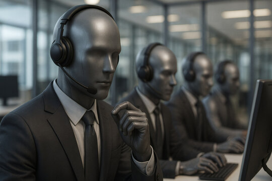 A row of metallic humanoid figures in business suits wearing headsets, diligently working at computers in a modern, sterile office environment. - Powered by Adobe