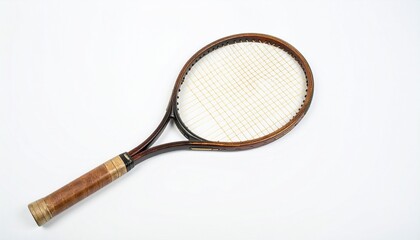 Vintage wooden tennis racket with brown handle and white strings&mdash;classic, nostalgic, and elegant.