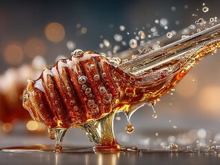 Honey-Coated Glass Ribbon: Bubble-Striped Amber Veil Descending from Tube End on Orange Bokeh for Molecular Gastronomy Visuals, Culinary Tech Backgrounds