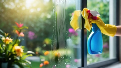 Naklejka premium Cleaning a window with spray and cloth