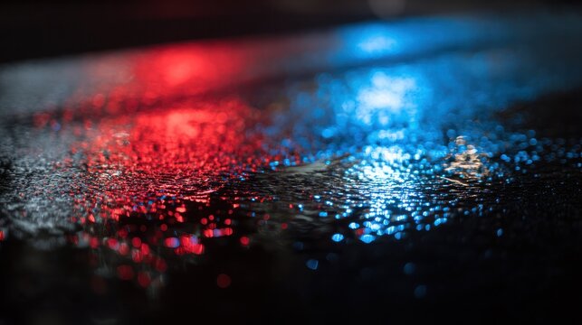 Blurred reflections of police sirens on soaked pavement in nighttime scene
